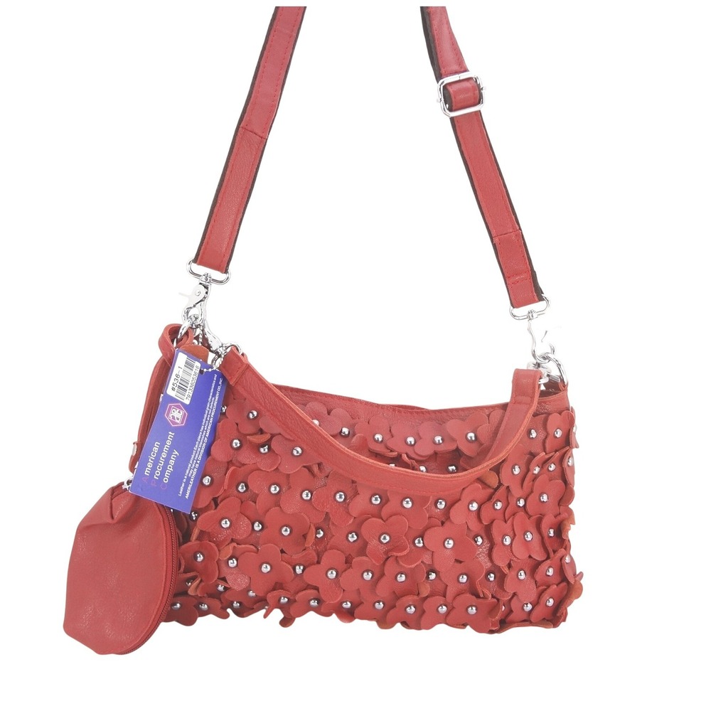 AmeriLeather Crossbody Bag Red NEW 3D Floral Studded Leather Handbag